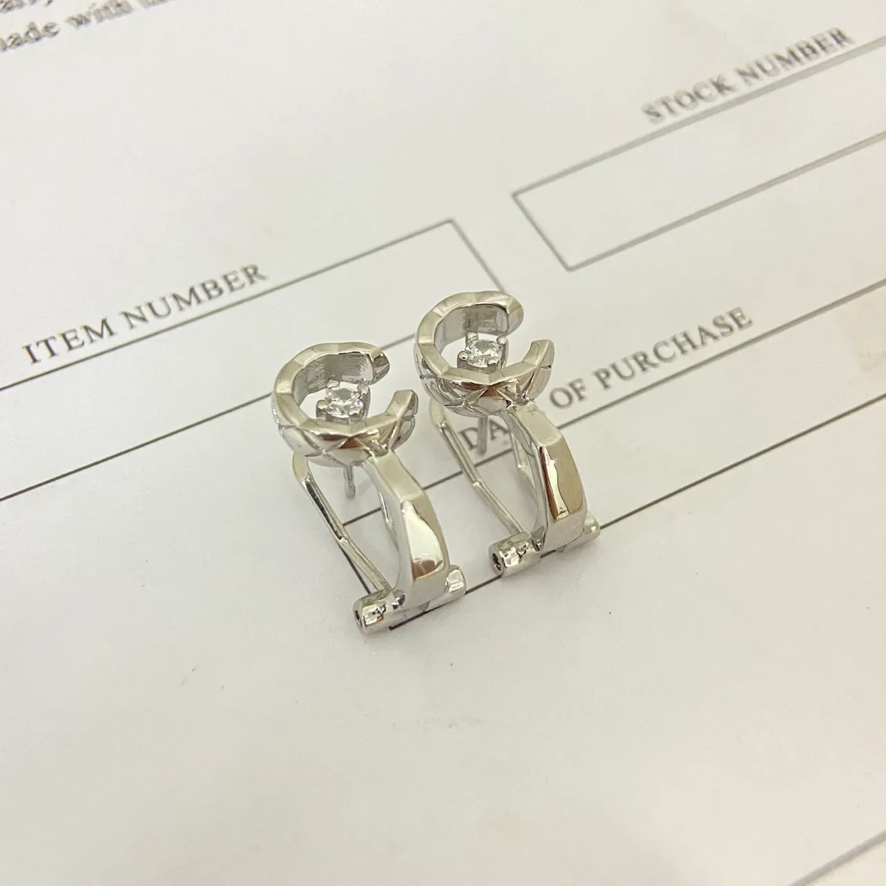 Gold Silver C-Shaped Huggie Faceted Stone Center Earrings 4