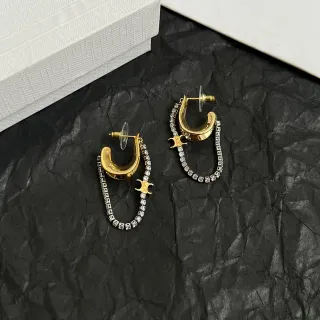 Gold Silver Crescent Hoop Pavé Crystal Chain Drop Earrings