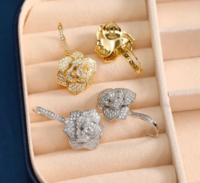 Gold Silver Floral Motif Pave-Set Crystals Earrings 4