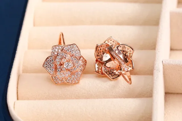Gold Silver Floral Motif Pave-Set Crystals Earrings 5