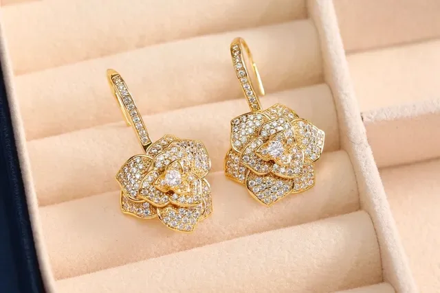 Gold Silver Floral Motif Pave-Set Crystals Earrings 7
