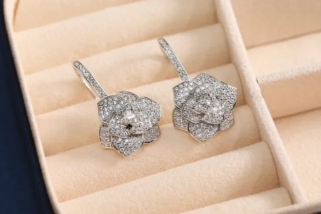 Gold Silver Floral Motif Pave-Set Crystals Earrings 8