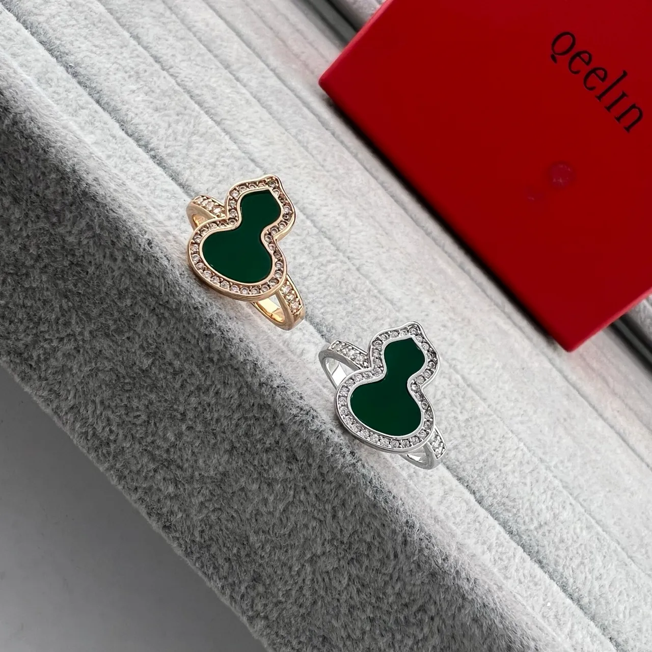 Gold Silver Gourd-Shaped Enamel Inlay Pavé Crystal Border Ring 2