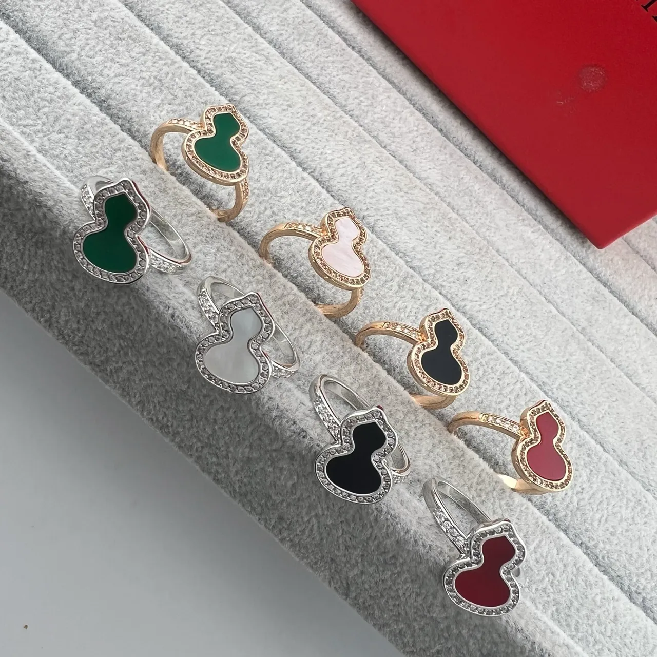 Gold Silver Gourd-Shaped Enamel Inlay Pavé Crystal Border Ring 7