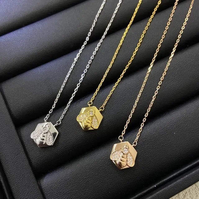 Gold Silver Hexagonal Pendant Pavé Crystal Bee Motif Necklace 2