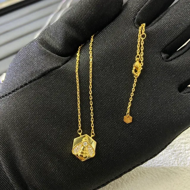 Gold Silver Hexagonal Pendant Pavé Crystal Bee Motif Necklace 4