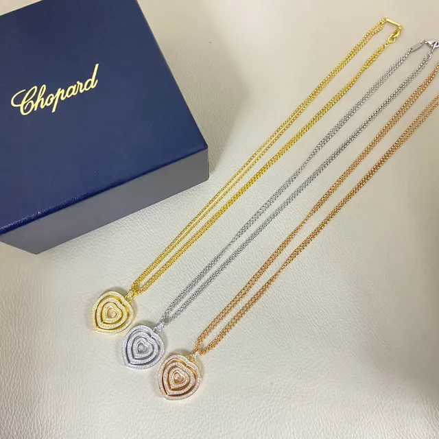 Gold Silver Layered Concentric Hearts Pavé-Set Stones Necklace 2