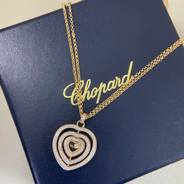 Gold Silver Layered Concentric Hearts Pavé-Set Stones Necklace 6