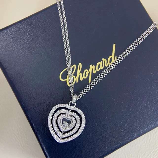 Gold Silver Layered Concentric Hearts Pavé-Set Stones Necklace 4