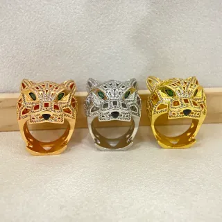 Gold Silver Panther Head Motif Pavé-Set Clear Stones Ring