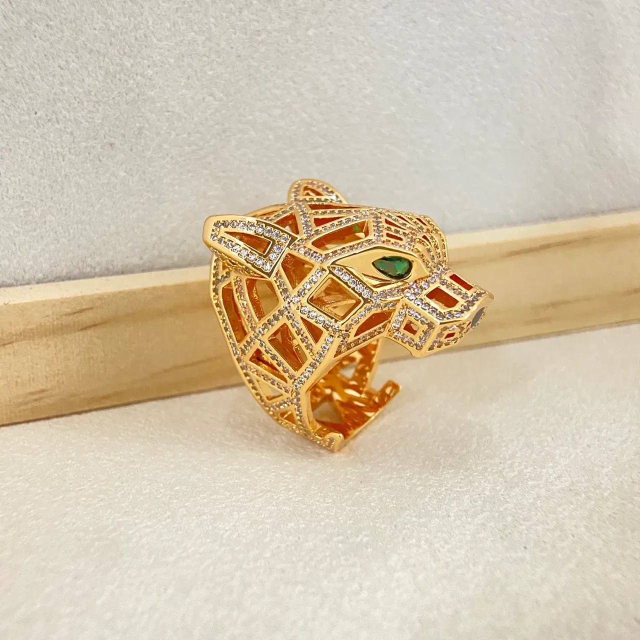 Gold Silver Panther Head Motif Pavé-Set Clear Stones Ring 4