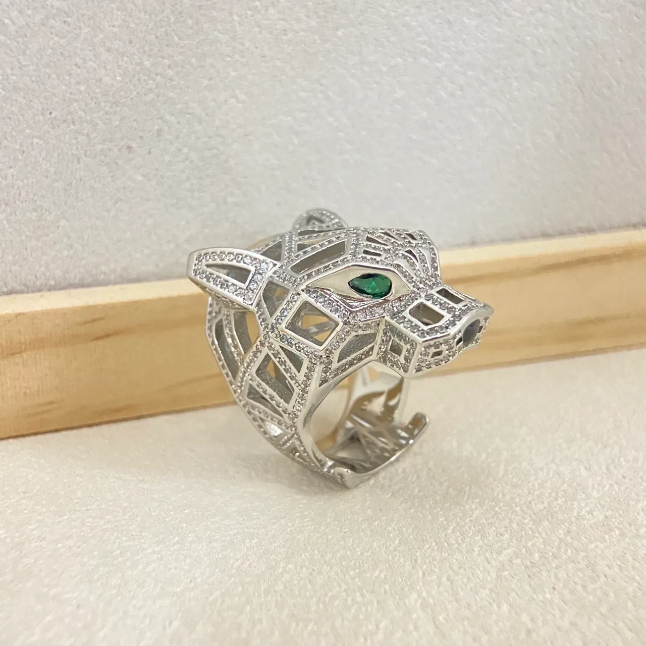 Gold Silver Panther Head Motif Pavé-Set Clear Stones Ring 5