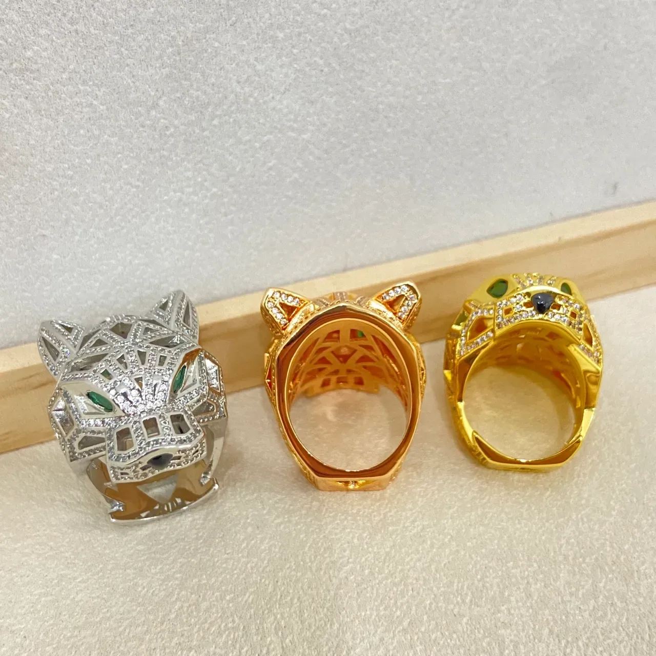 Gold Silver Panther Head Motif Pavé-Set Clear Stones Ring 6