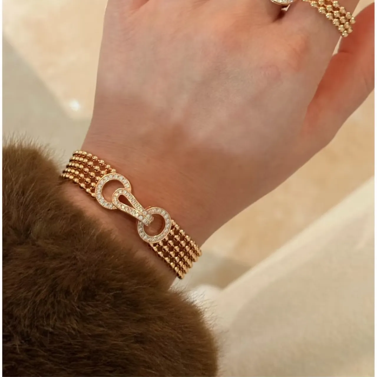 Gold Silver Rose Gold Multi-Strand Beaded Pavé Clasp Bracelets 2