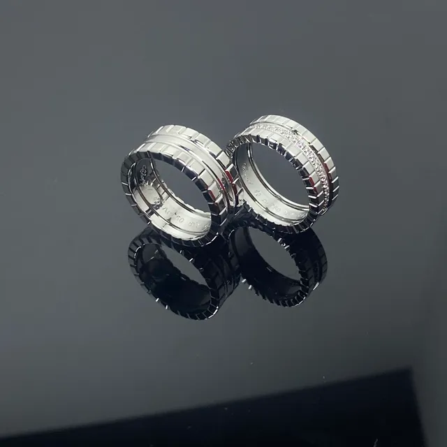 Gold Silver Segmented Block-Textured Band Pavé-Set Stones Ring 9