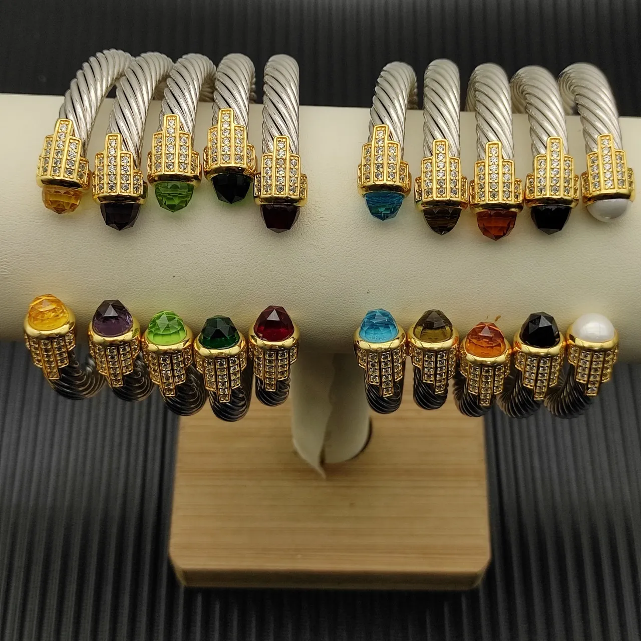 Gold Silver Twisted Cable Construction Gemstone-Tipped Terminals Bracelet 2