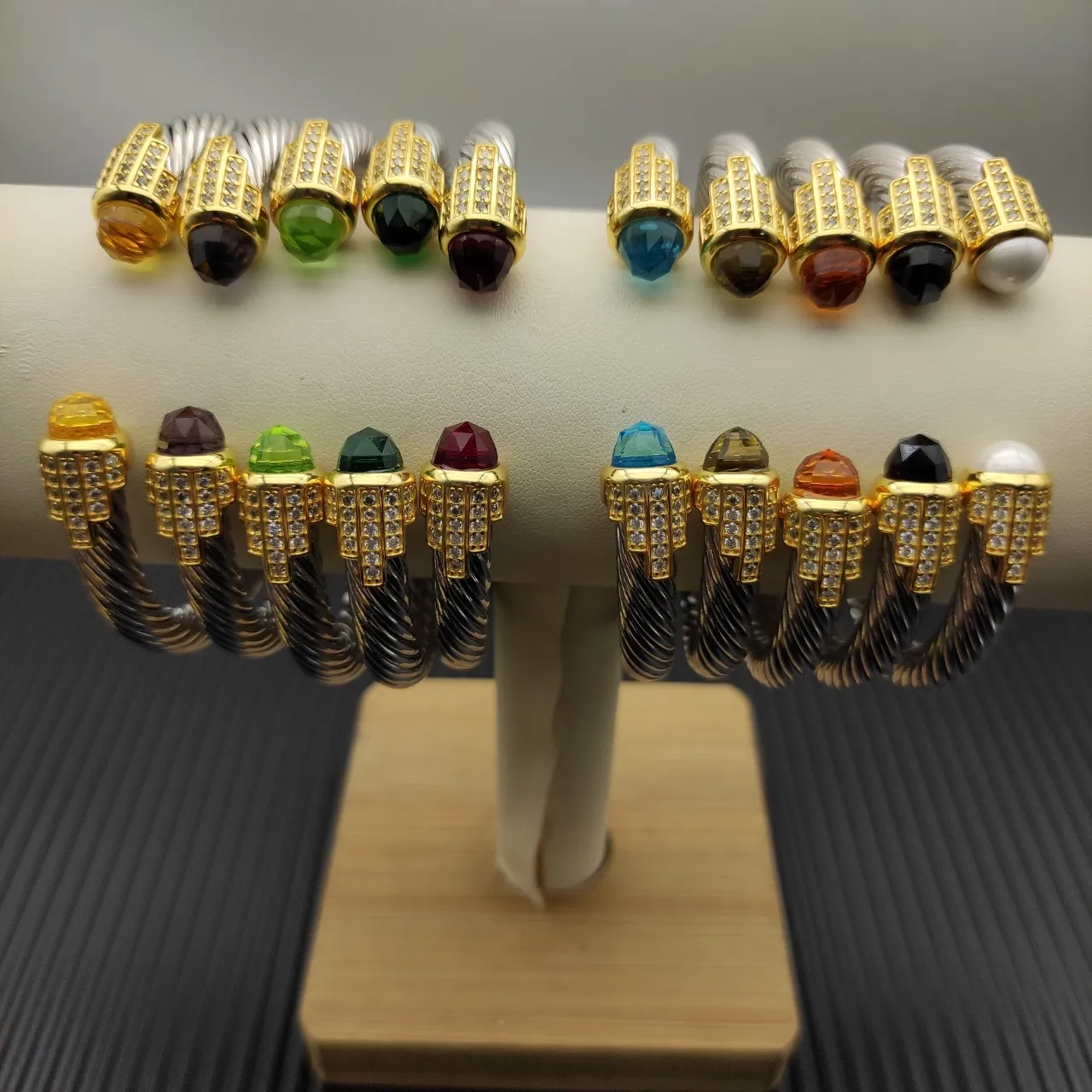 Gold Silver Twisted Cable Construction Gemstone-Tipped Terminals Bracelet 3
