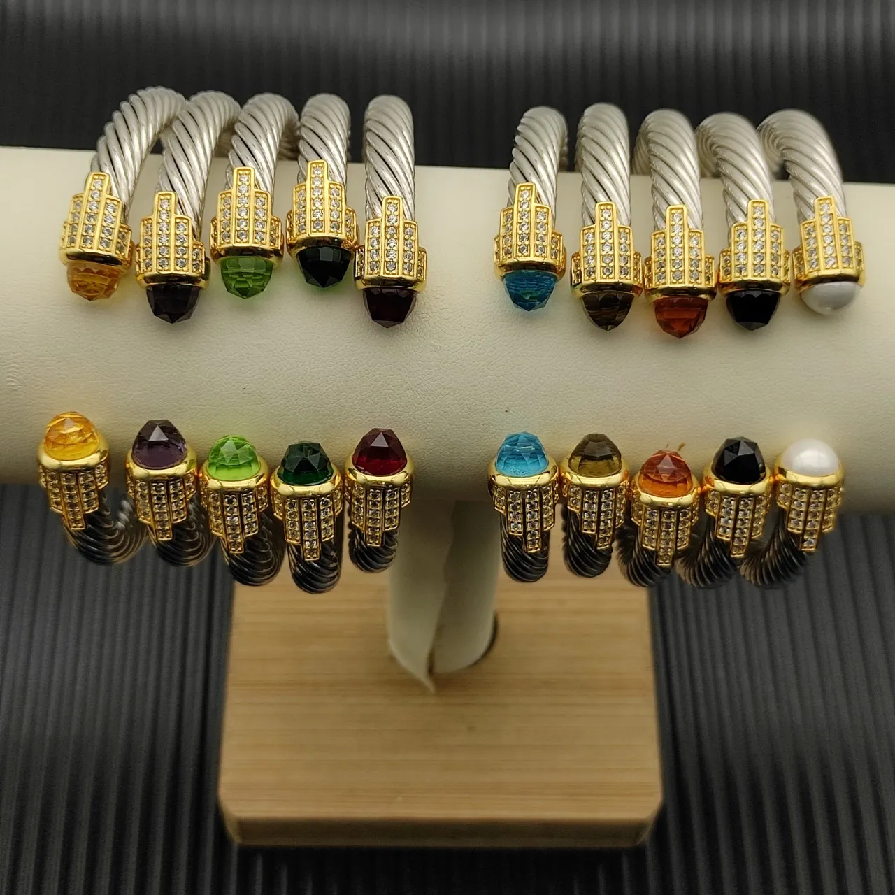 Gold Silver Twisted Cable Construction Gemstone-Tipped Terminals Bracelet 4