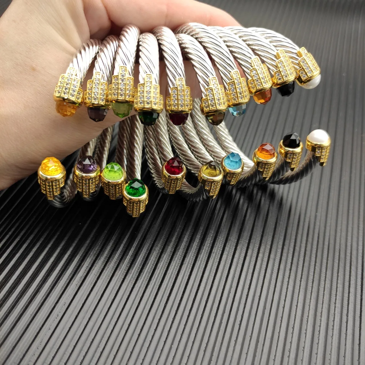 Gold Silver Twisted Cable Construction Gemstone-Tipped Terminals Bracelet 5