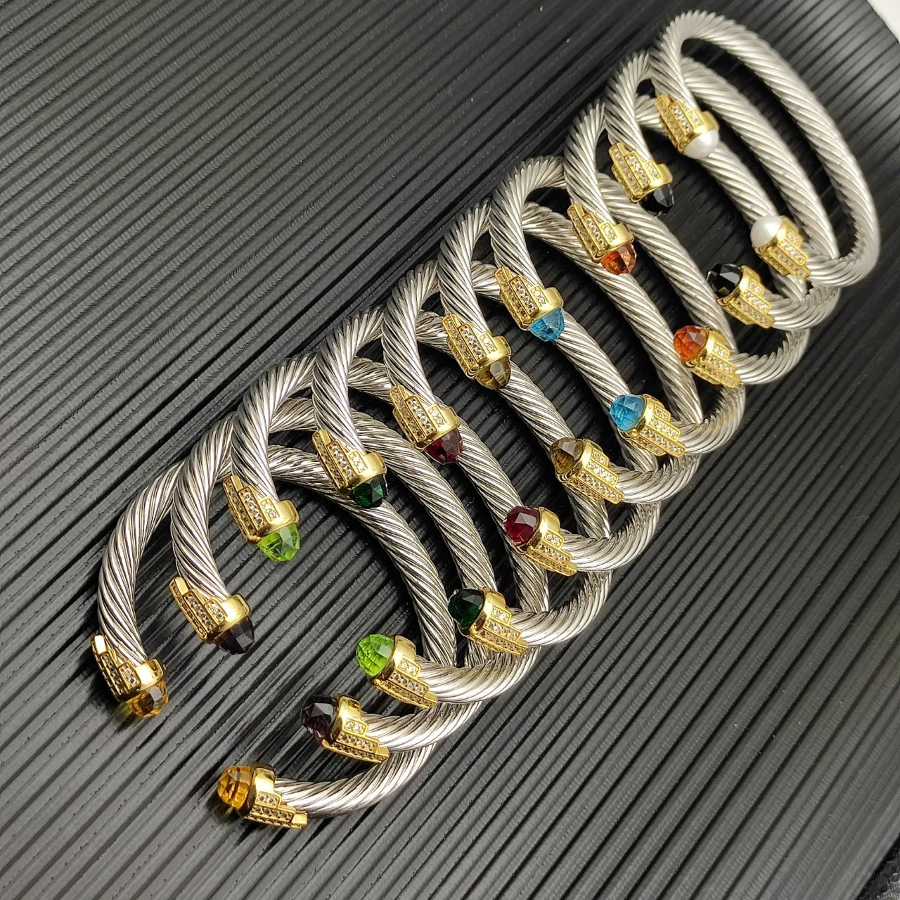 Gold Silver Twisted Cable Construction Gemstone-Tipped Terminals Bracelet 7
