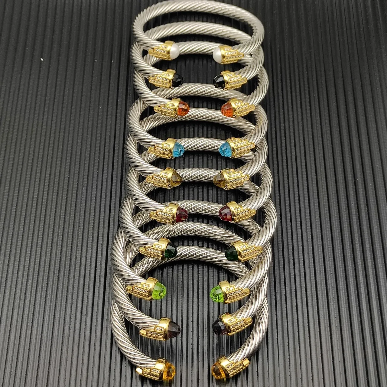 Gold Silver Twisted Cable Construction Gemstone-Tipped Terminals Bracelet 8