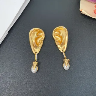 Gold-Tone Anatomical Ear-Shaped Dangling Pearl Earrings