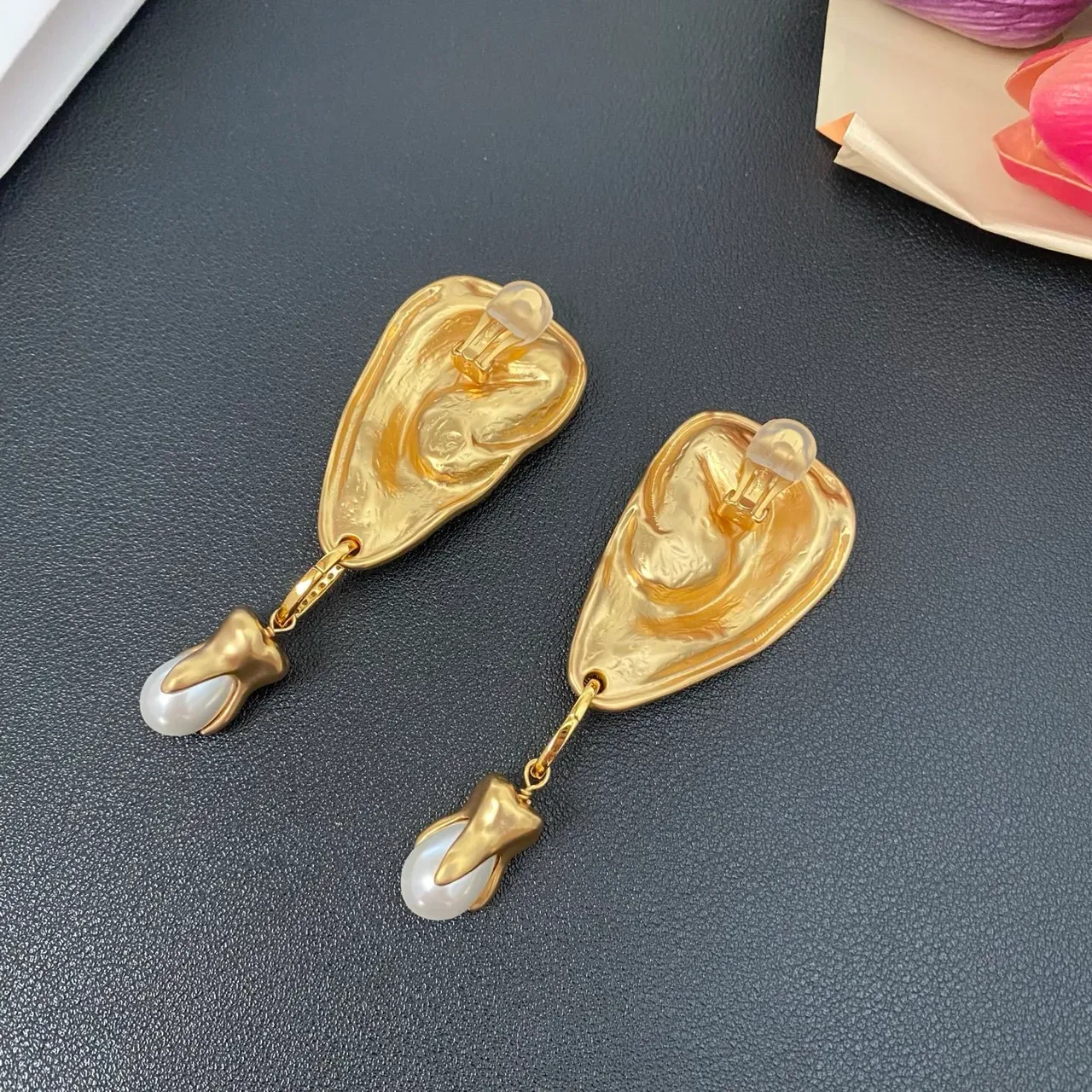 Gold-Tone Anatomical Ear-Shaped Dangling Pearl Earrings 3