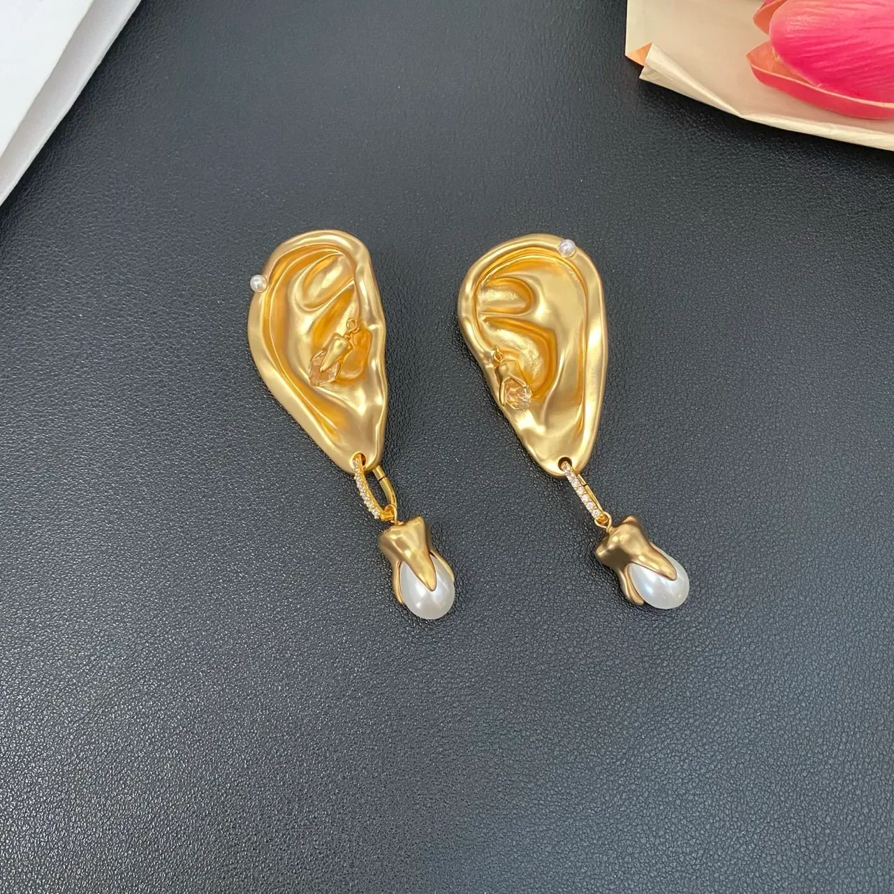 Gold-Tone Anatomical Ear-Shaped Dangling Pearl Earrings 4