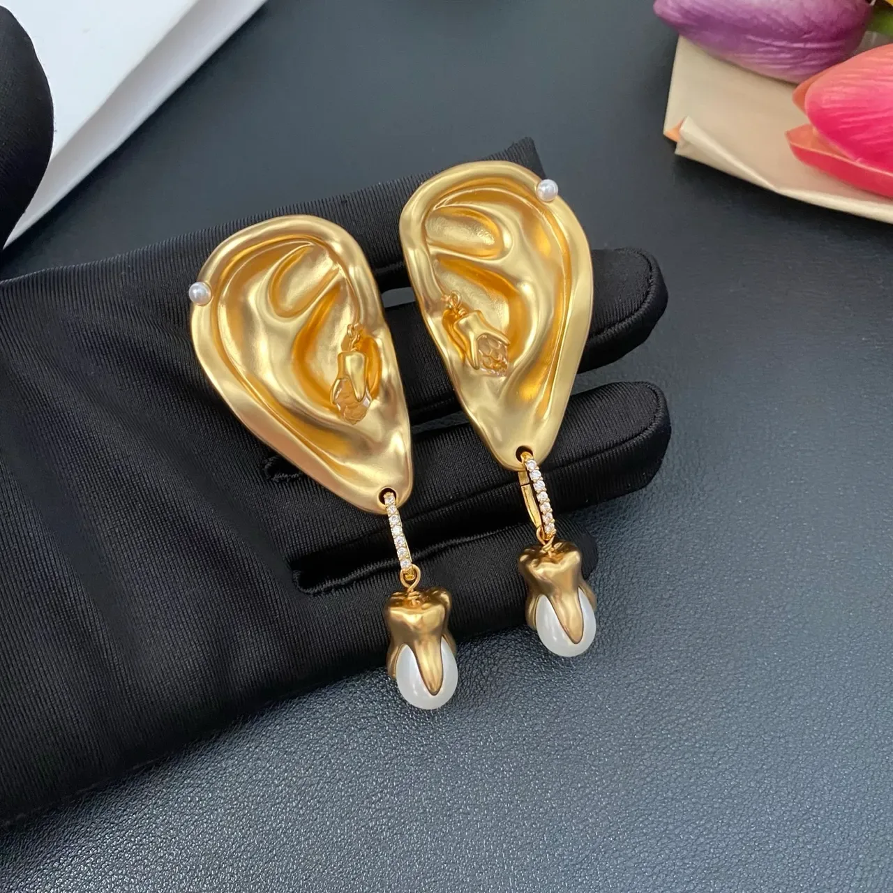 Gold-Tone Anatomical Ear-Shaped Dangling Pearl Earrings 5