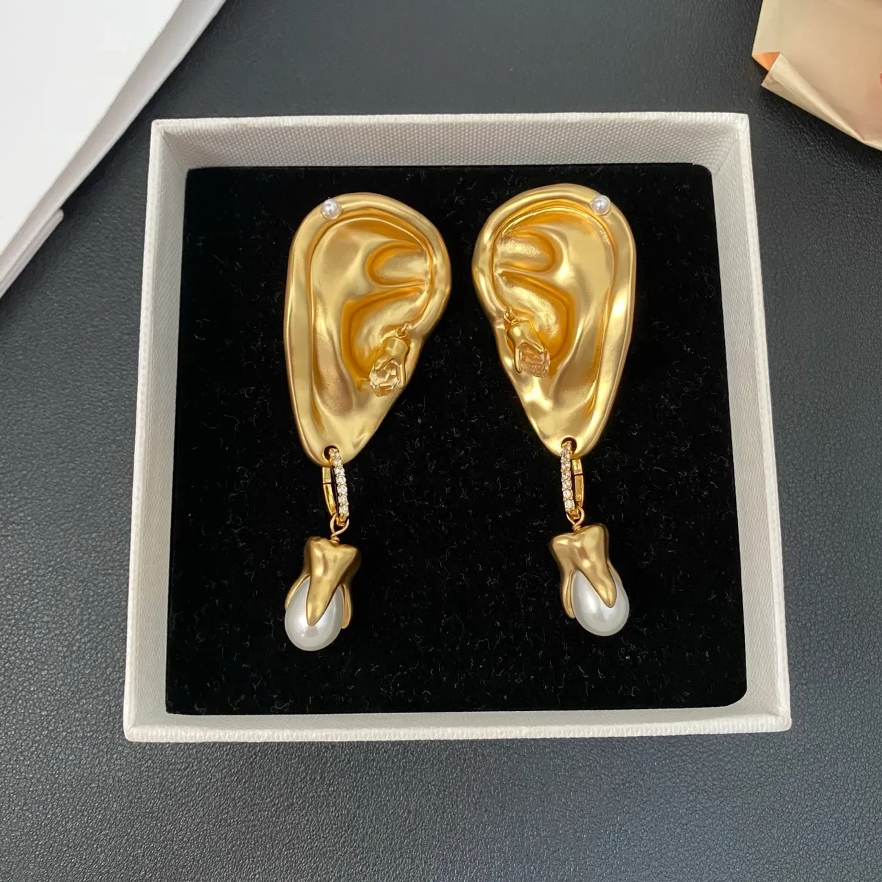 Gold-Tone Anatomical Ear-Shaped Dangling Pearl Earrings 6