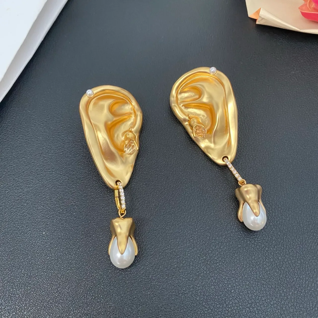 Gold-Tone Anatomical Ear-Shaped Dangling Pearl Earrings 7