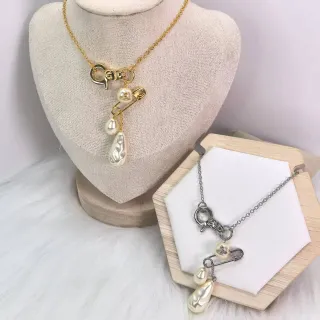 金色调和银色调安全别针巴洛克珍珠坠子项链