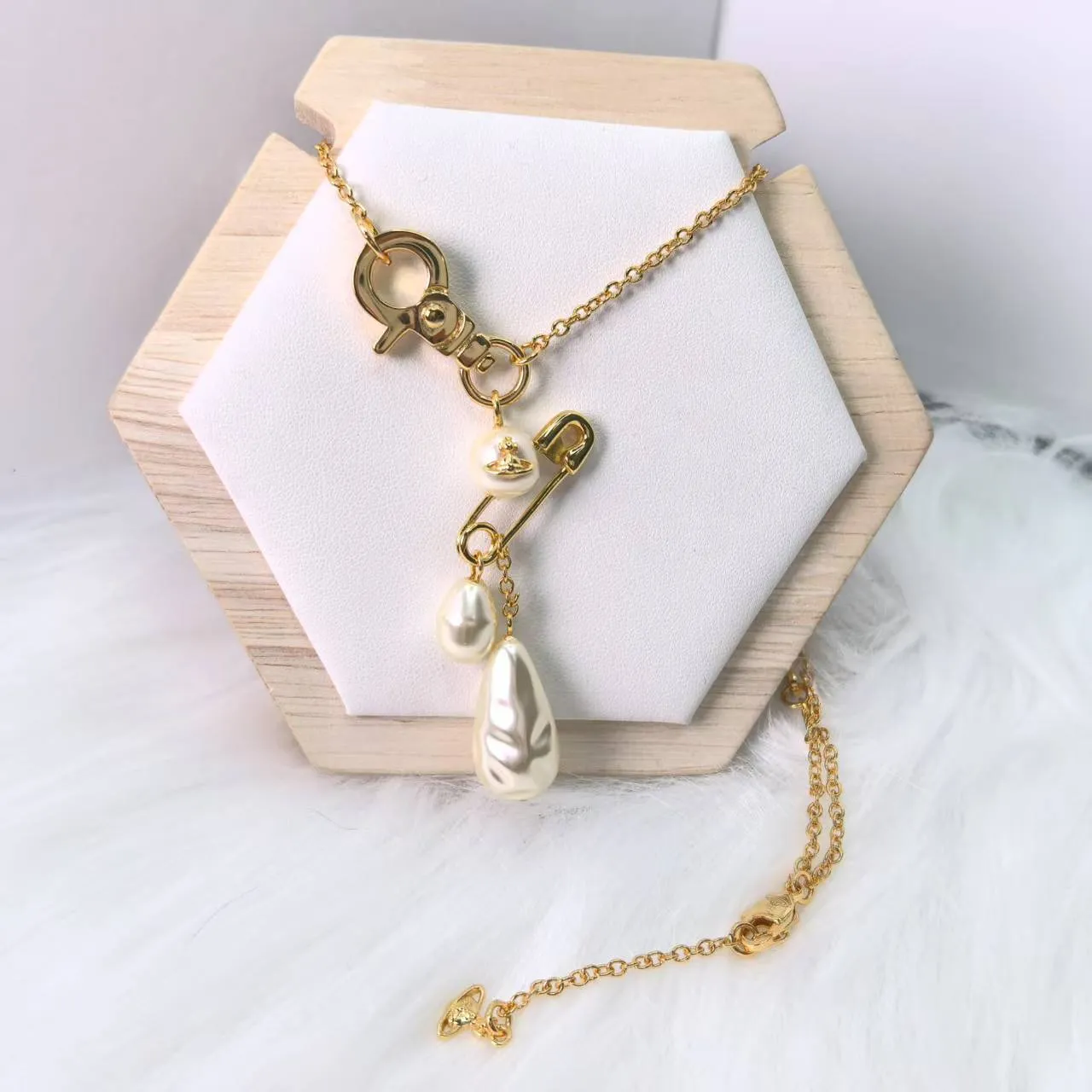 Gold-Tone and Silver-Tone Safety Pin Baroque Pearl Drop Necklaces 3