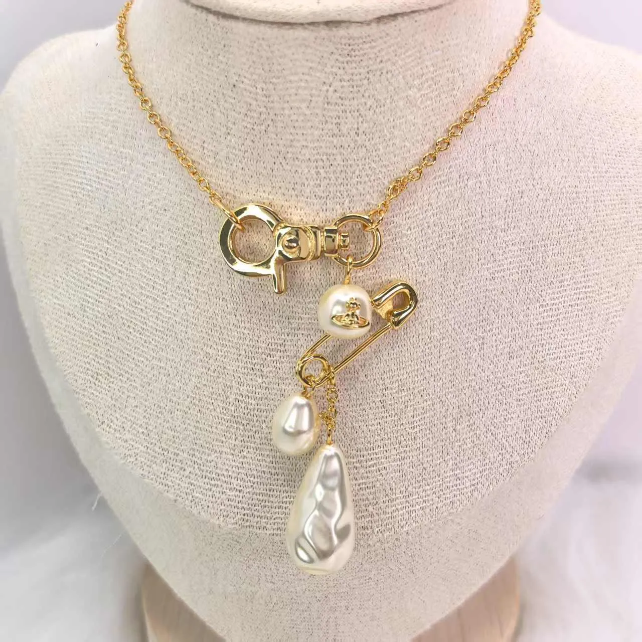 Gold-Tone and Silver-Tone Safety Pin Baroque Pearl Drop Necklaces 5