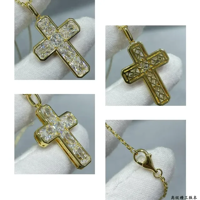 Gold-Tone Baguette-Cut Stone Cross Pendant Necklace 3