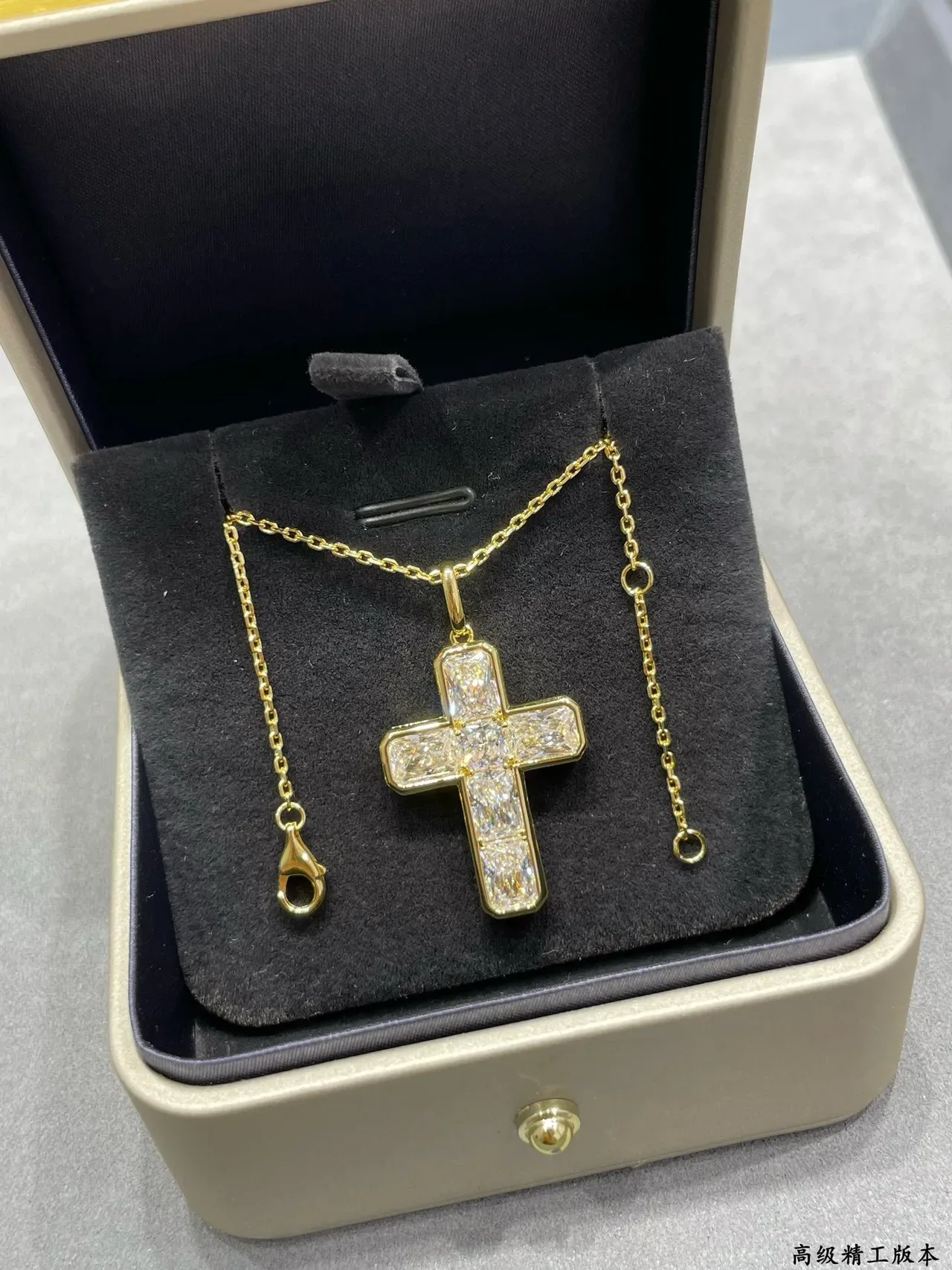 Gold-Tone Baguette-Cut Stone Cross Pendant Necklace 4