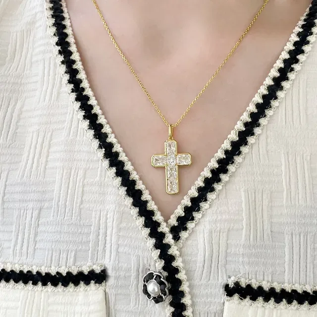 Gold-Tone Baguette-Cut Stone Cross Pendant Necklace 9