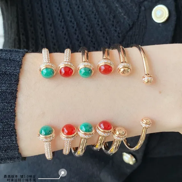 Gold-Tone Cabochon Gemstone Pavé Diamond Halo Open Cuff Bracelets 8