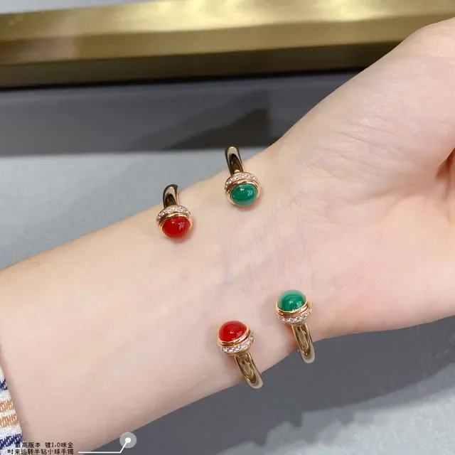Gold-Tone Cabochon Gemstone Pavé Diamond Halo Open Cuff Bracelets 9