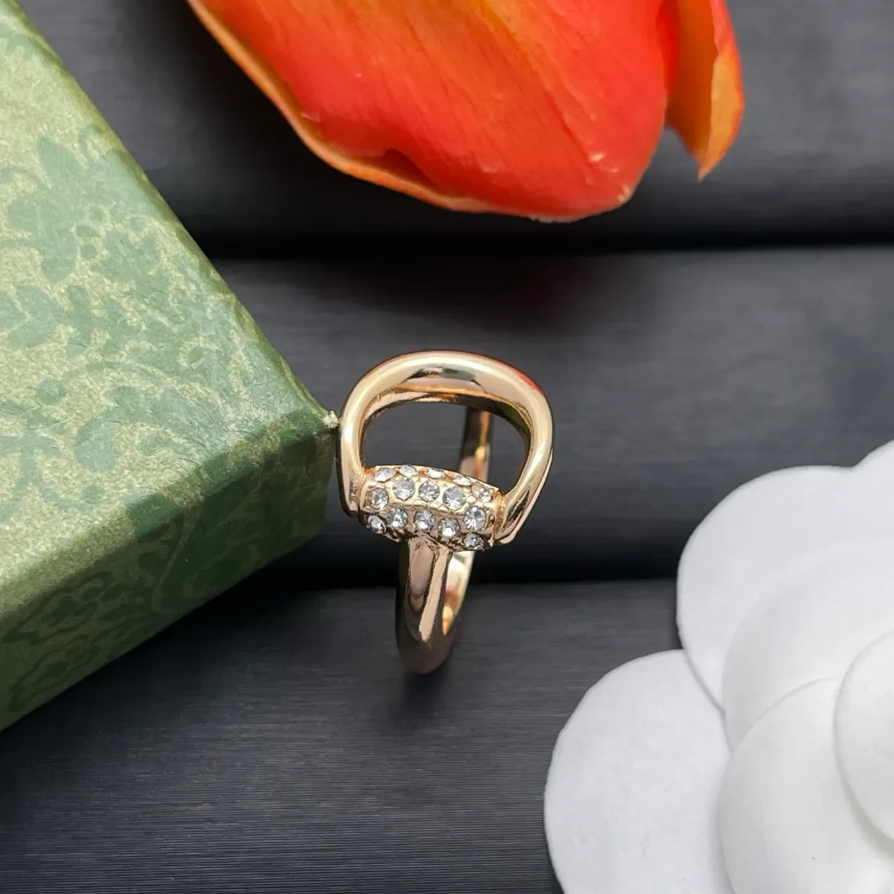 Gold-Tone Crystal Horseshoe Motif Adjustable Ring 6