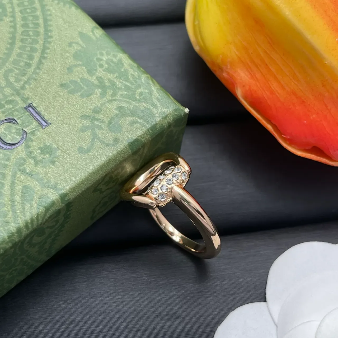 Gold-Tone Crystal Horseshoe Motif Adjustable Ring 7