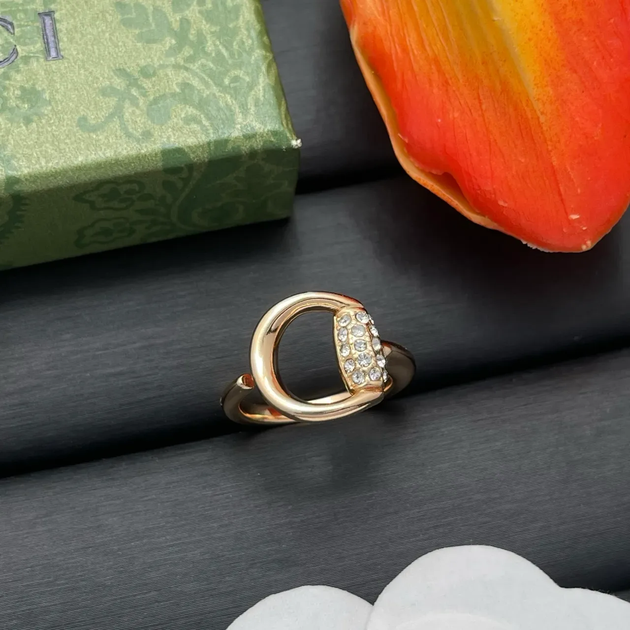 Gold-Tone Crystal Horseshoe Motif Adjustable Ring 8