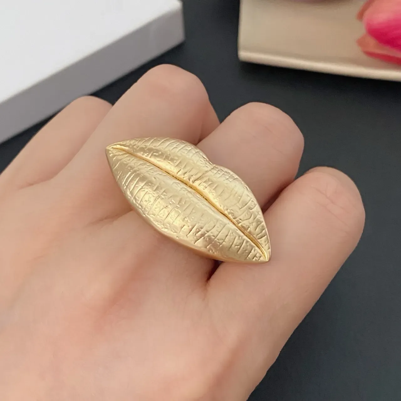 Gold-Tone Eye-Shaped Textured Ring 2