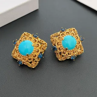 Gold-Tone Filigree Turquoise Cabochon Stud Earrings