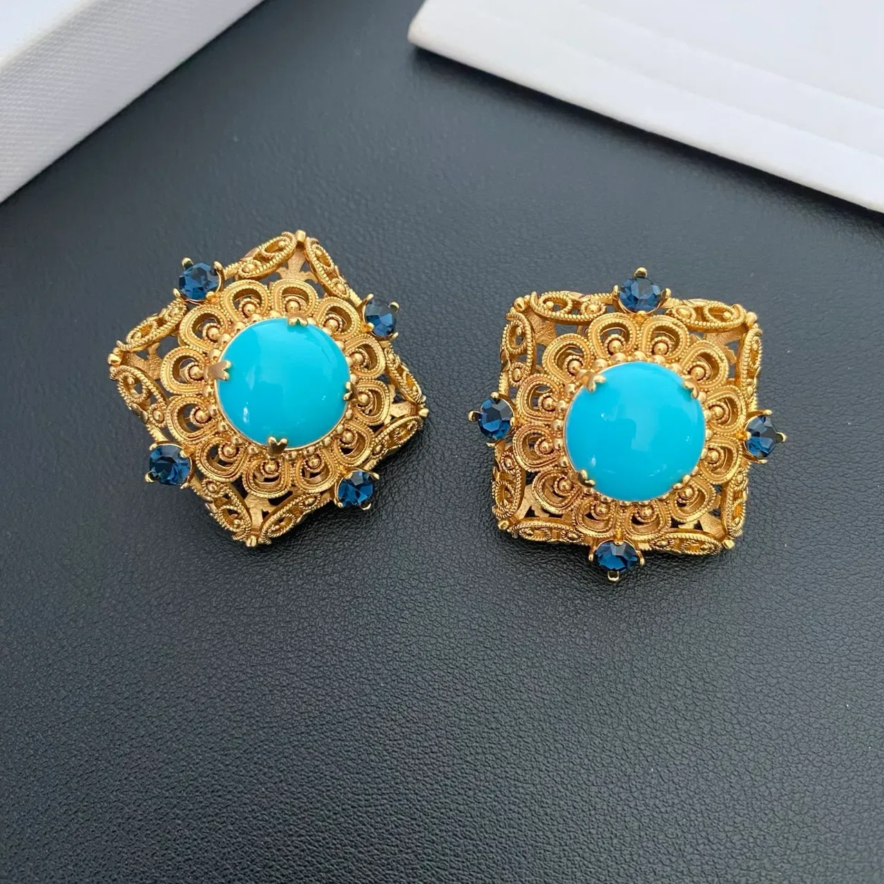 Gold-Tone Filigree Turquoise Cabochon Stud Earrings 3