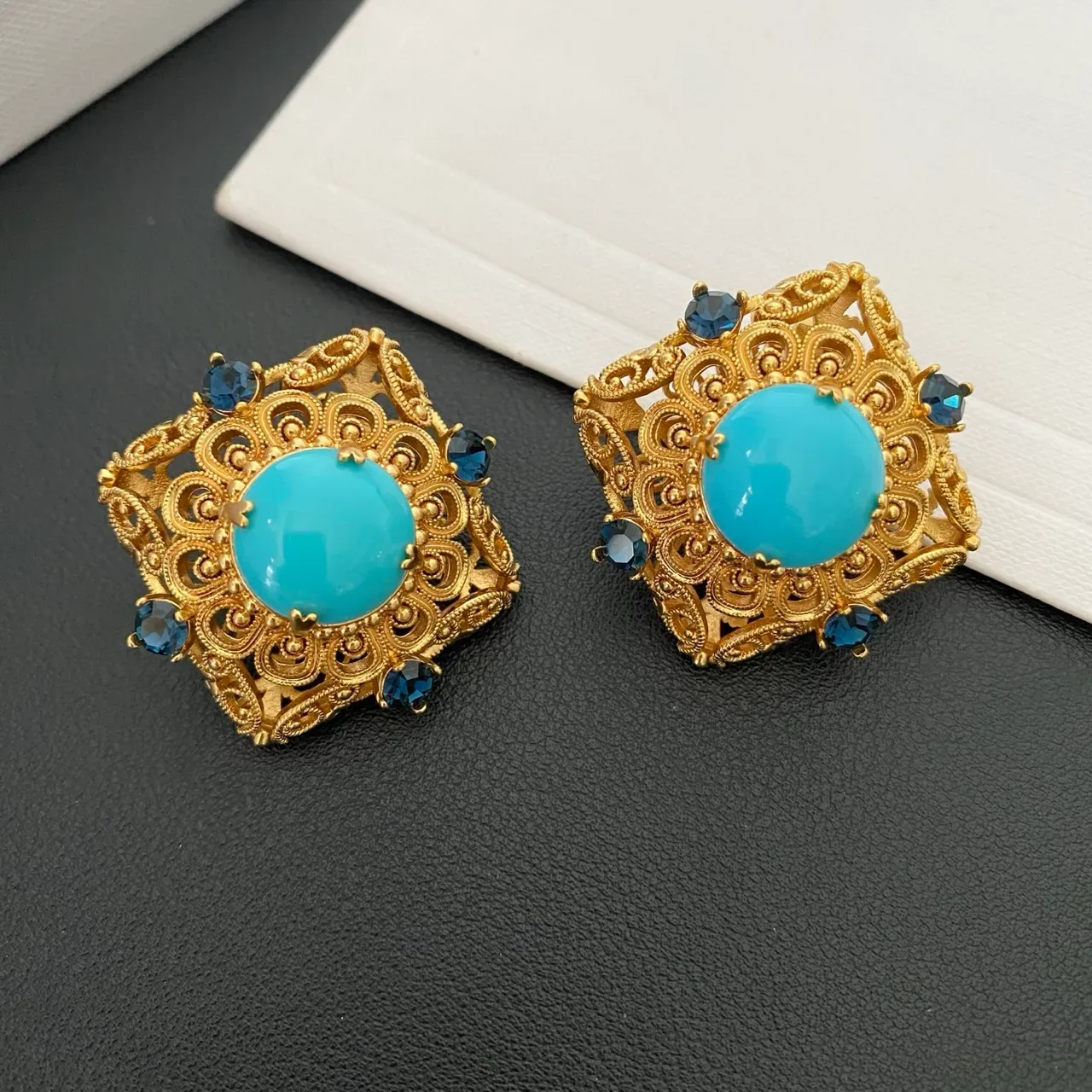 Gold-Tone Filigree Turquoise Cabochon Stud Earrings 4