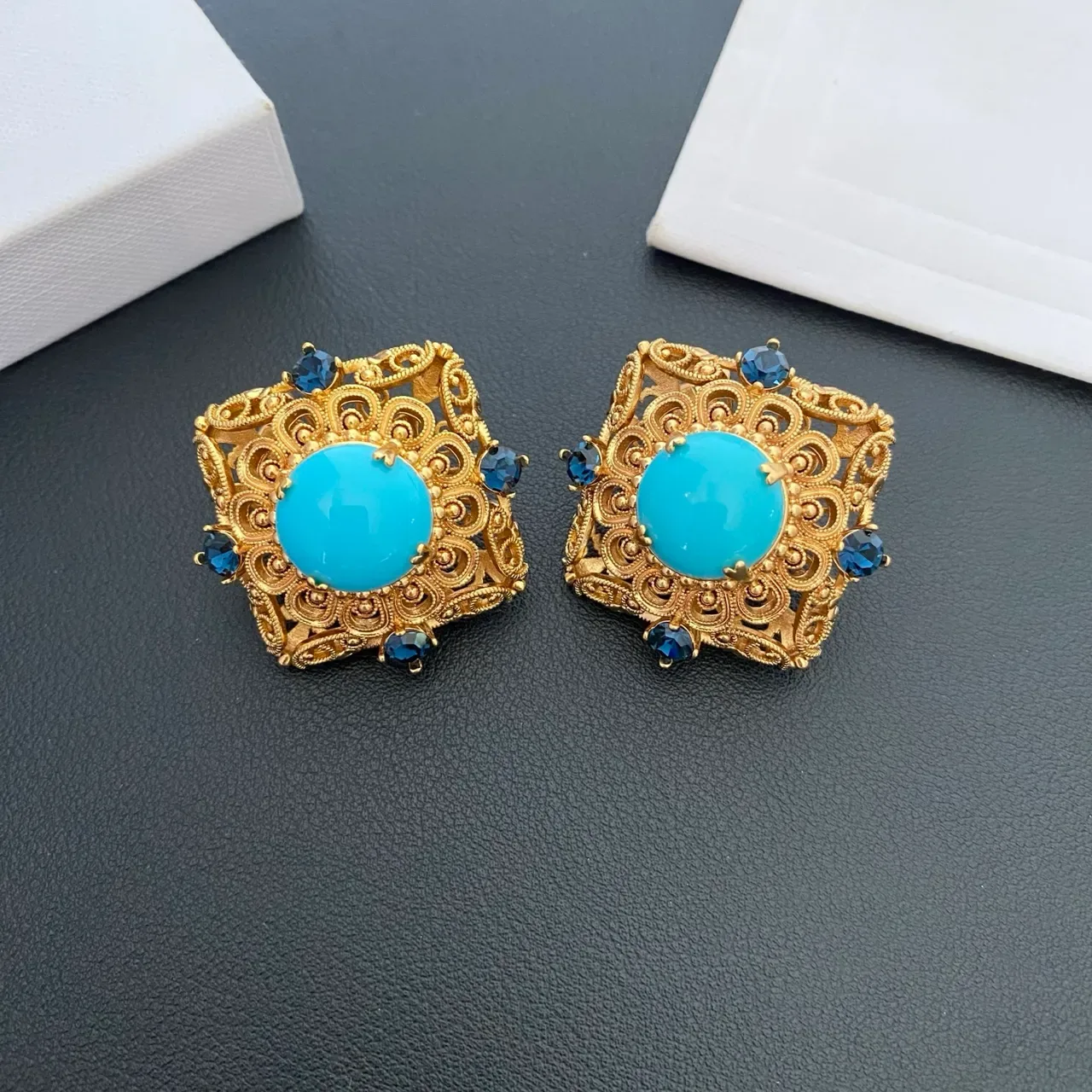 Gold-Tone Filigree Turquoise Cabochon Stud Earrings 5