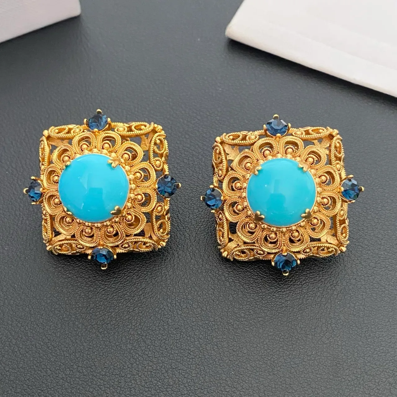 Gold-Tone Filigree Turquoise Cabochon Stud Earrings 6