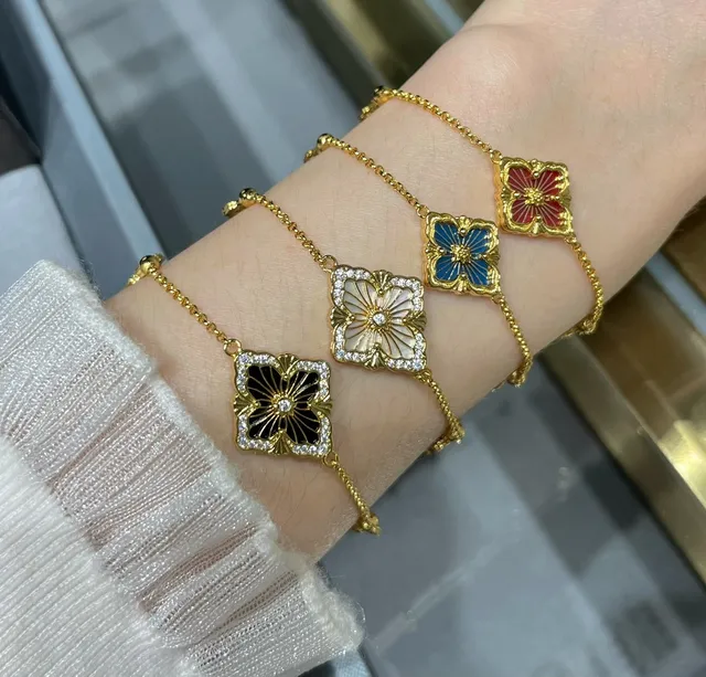 Gold-Tone Floral Motif Red Enamel Bracelet 7