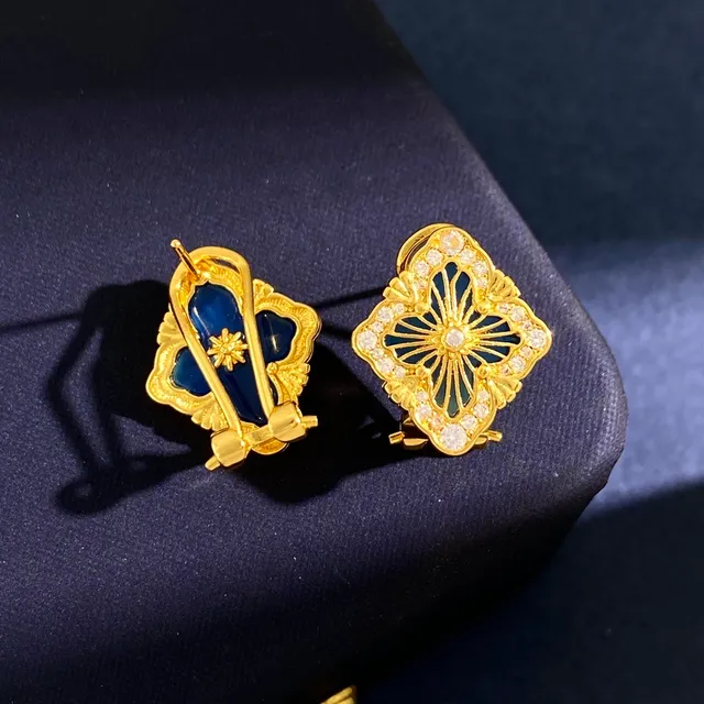 Gold-Tone Floral Quatrefoil Pavé Crystal Enamel Clip-On Earrings 2